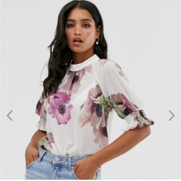 Ted Baker Cayliee puff sleeve sheer floral top Size 2 US6‎ - Picture 1 of 3